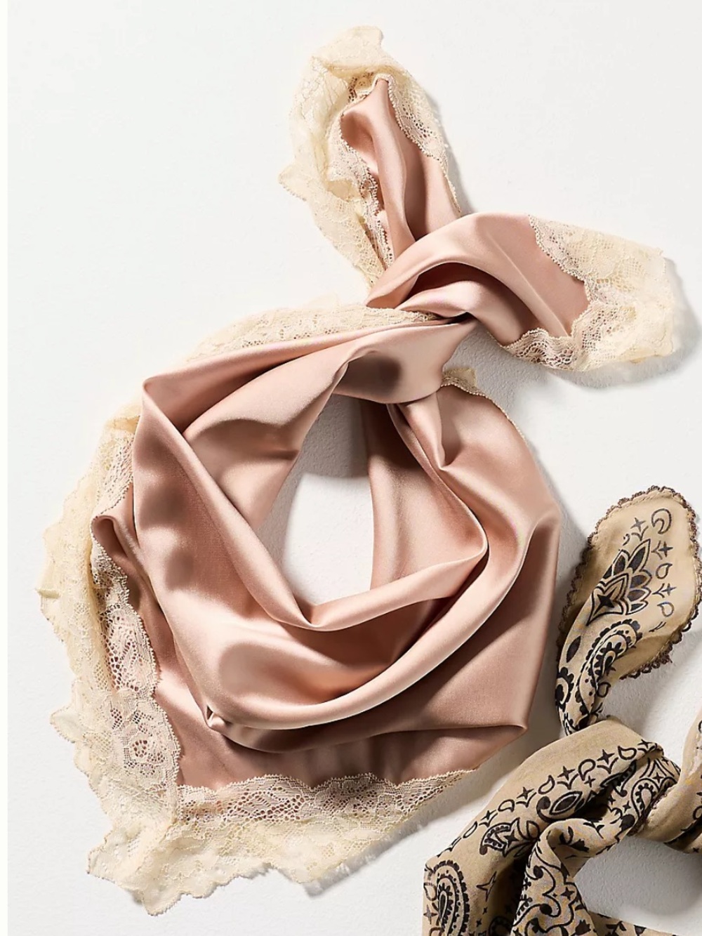 Anthropologie Square Scarf with Cream Lace Trim Blush Pink
